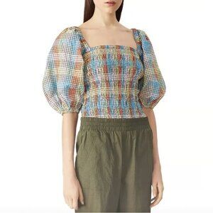 GANNI Shirred Puff Sleeve Seersucker Top in Pastel Check - US 4 (S)